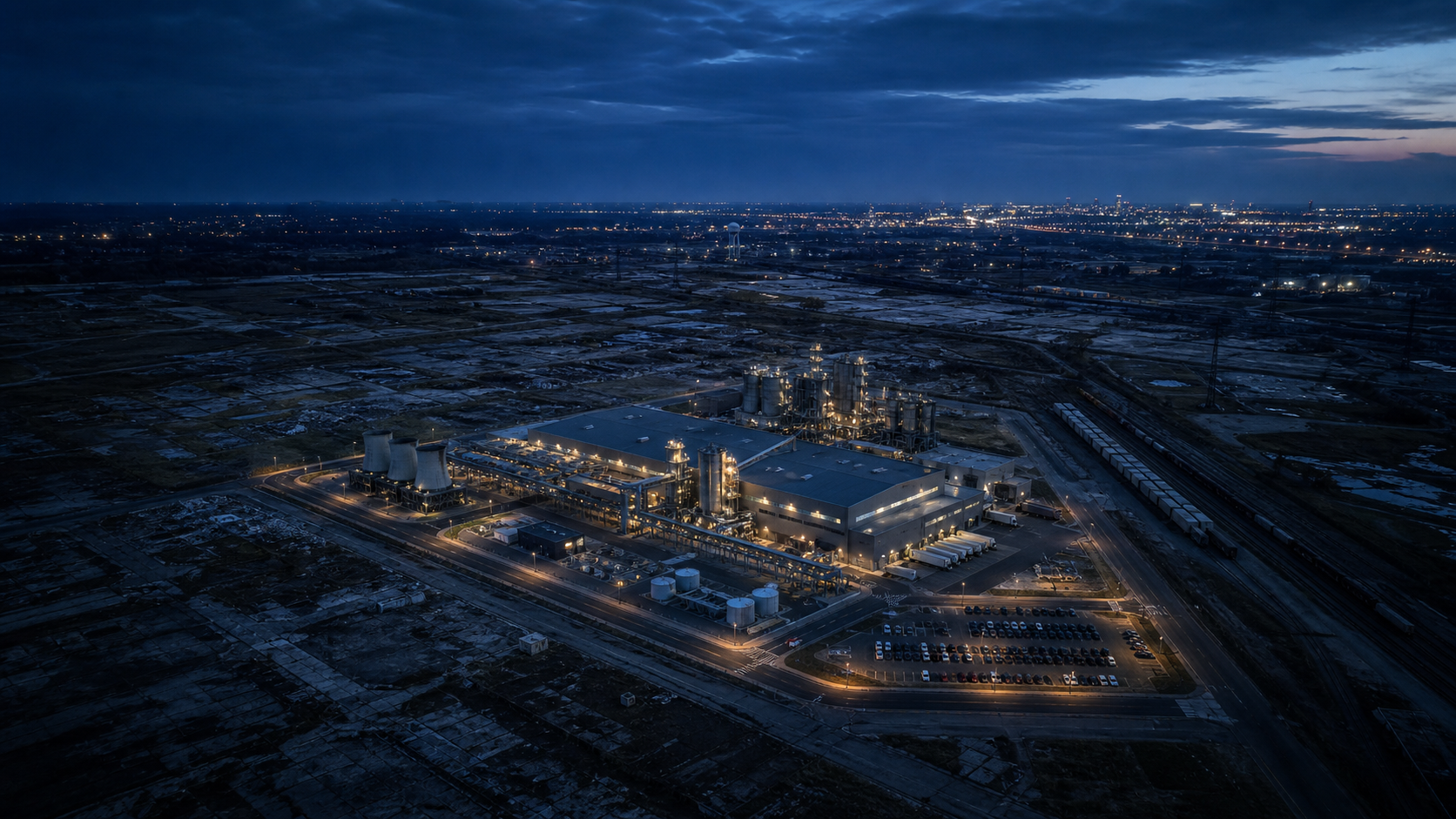 Campaign artwork of the illuminated Buick Anode Works complex at dusk