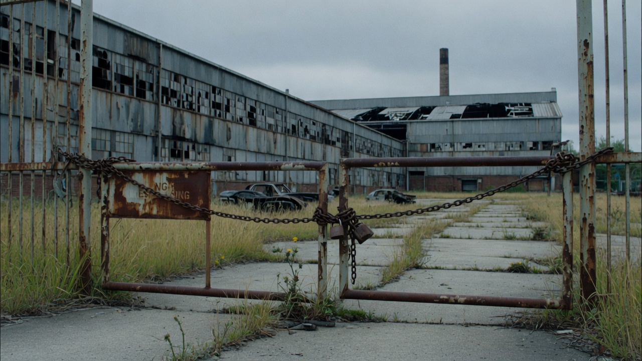 Chained gates outside an abandoned industrial plant
