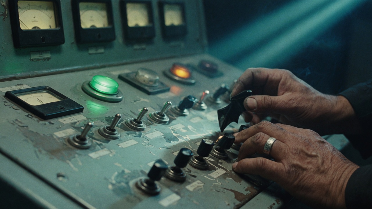 Engineer's hands working at an industrial control panel