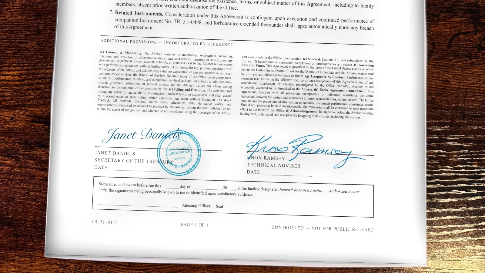 The agreement Knox Ramsey signed with the Department of the Treasury, countersigned by Secretary Janet Daniels