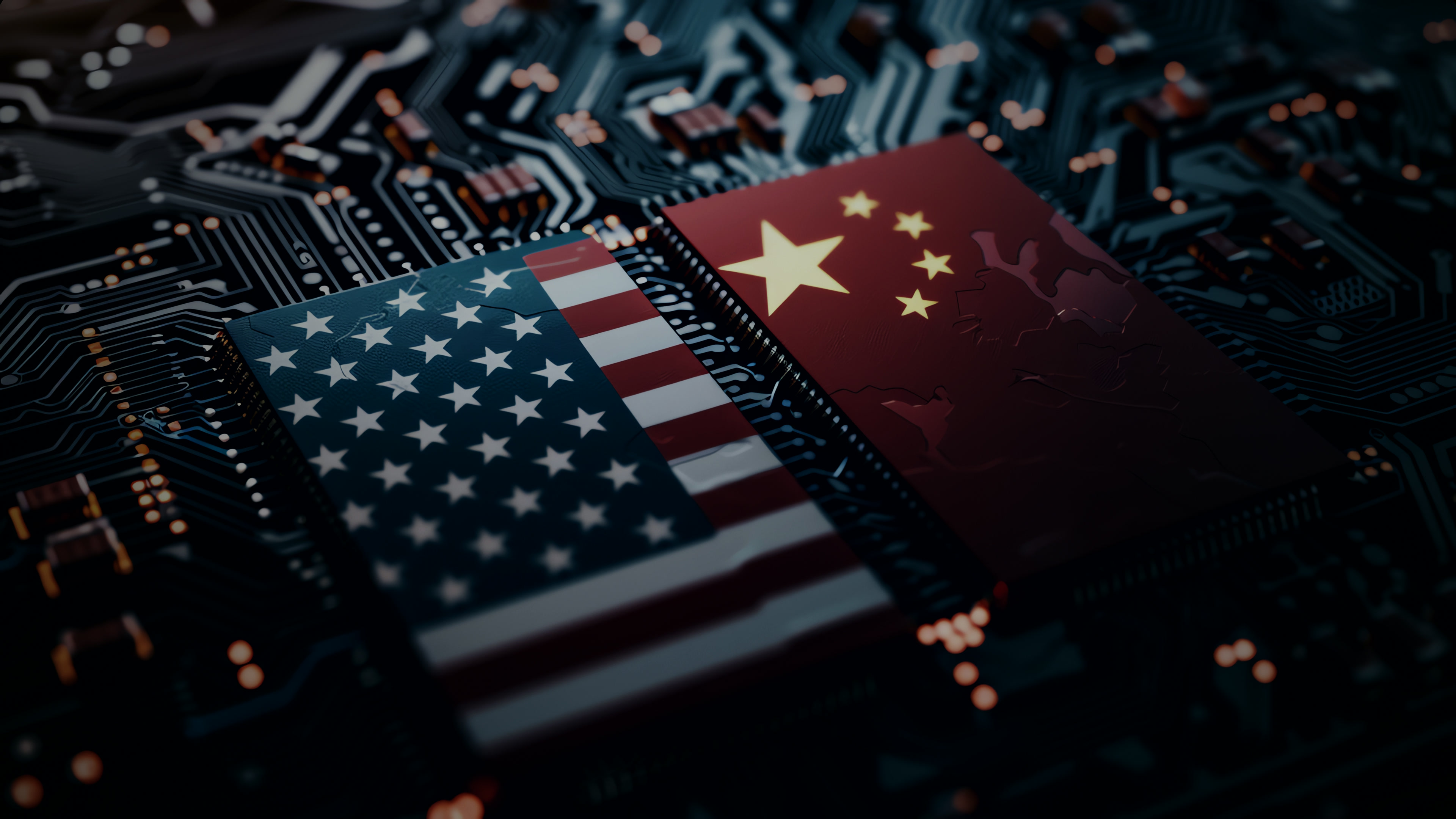 U.S. and Chinese flags on two microchips connected by a circuit board
